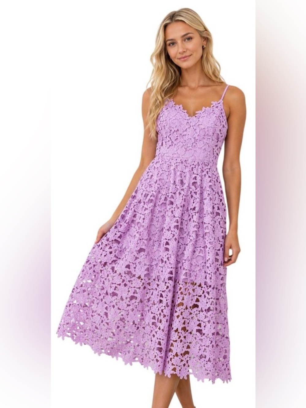 ASTR Lilac Crochet Lace Midi Dress with Spaghetti Straps